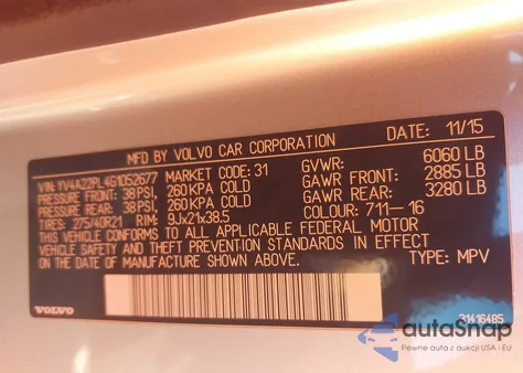 2016 Volvo Xc90 T6 Inscription из США, поврежденный, VIN YV4A22PL4G1052677